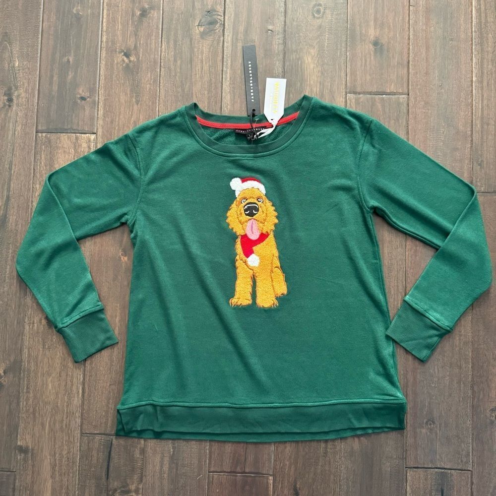 Jane + Delancey Green Fuzzy Dog Santa Hat Christmas Sweatshirt S NWT